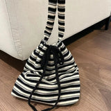 Maytrends Contrast Color Striped Women Shoulder Bag Korean Vintage All Match Handbags Y2k Drawstring Knitted Crossbody Bags High-capacity