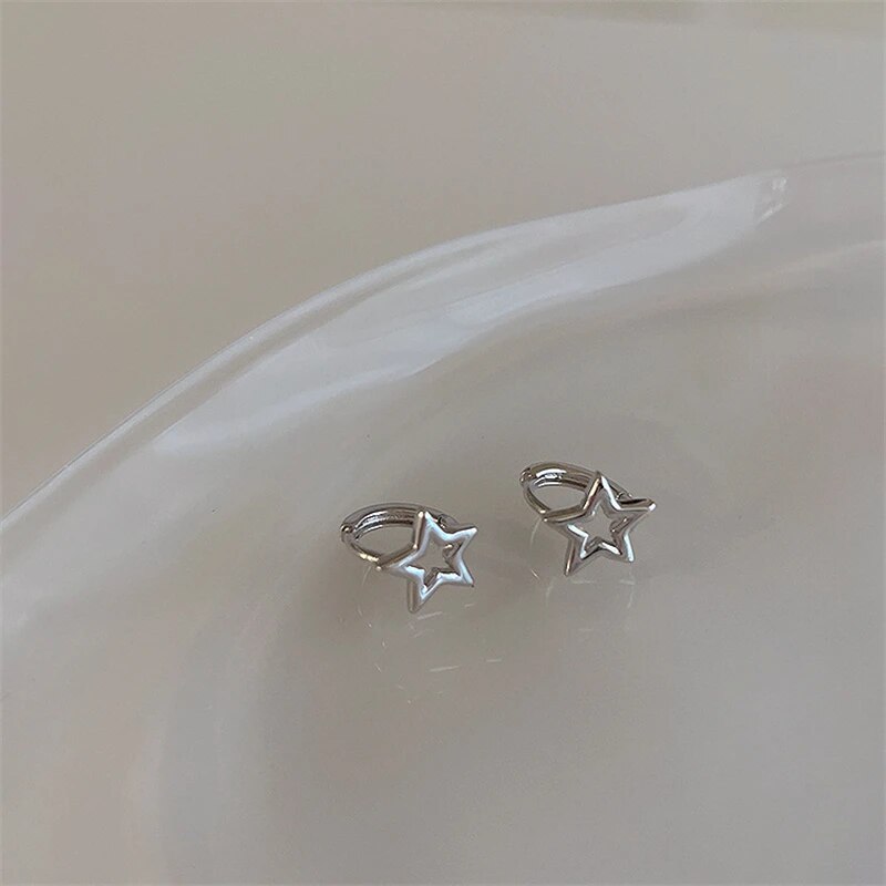 Trend Statement Silver Color Plated Hollow Star Hoop Earring For Women Fashion Vintage Accessories Aesthetic Jewelry Gift