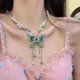 MAYTRENDS  -  Double Wrapped Pearl Green Butterfly Tassel Necklace