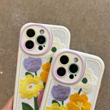 Fashion Embroidery Flower Winter Warm Phone Case For iPhone 15 13 12 11 Pro Max Colorful Soft Shockproof Camera Protection Cover