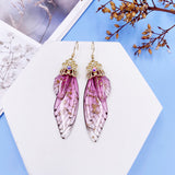 Fashion Handmade Femme Wing Drop Earrings Purple Resin Fairy Cicada Wings Earrings Rhinestone Purple Earrings Vintage Jewelry