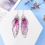 Fashion Handmade Femme Wing Drop Earrings Purple Resin Fairy Cicada Wings Earrings Rhinestone Purple Earrings Vintage Jewelry