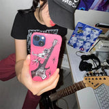 Punk Cool Girl Guitar Cat Phone Case For iPhone 15 14 13 12 11 Pro Max Mini X XR 7 8 Plus SE 3 Glossy Shockproof Soft TPU Cover