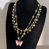 MAYTRENDS  -  Pink butterfly tassel necklace stacked with niche design super fairy clavicle chain