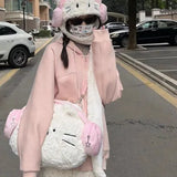 Maytrends Kawaii Cute Backpack for Women White Pink Cat Head Shape Fashion Crossbody Bag New Soft Plush Sweet Large Capacity Handbag