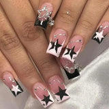 MAYTRENDS  -  24Pcs Long Coffin False Nails with Star Rhinestones Black Y2K Nail Art French Gradient Full Cover Press on Nail Tips for Girls