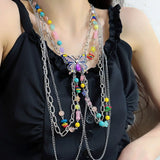 MAYTRENDS  -  Butterfly colorful beads tassel multi-layered choker necklace