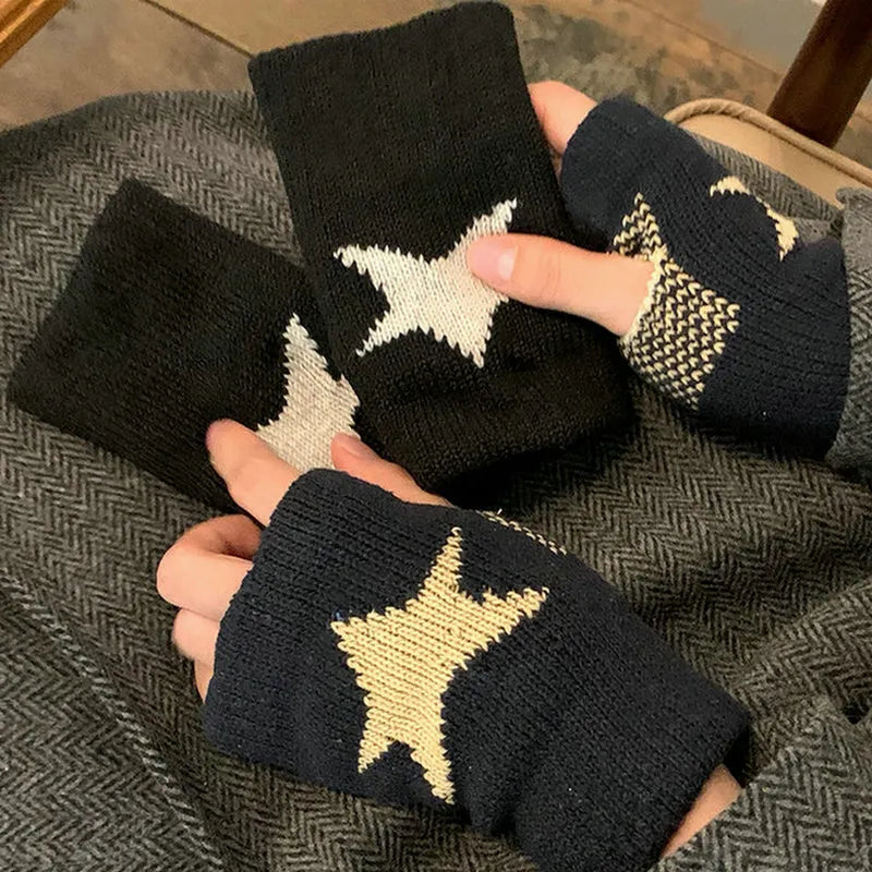 Autumn Winter Knitted Woolen Gloves Ins Fashion Y2K Men's Women's Half Finger Warm Five Pointed Star Fingerless Gloves Unisex