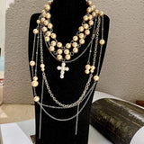 MAYTRENDS  -  Handmade beaded pearl tassel necklace multi-layer chain stacked clavicle chain