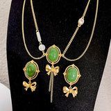 MAYTRENDS  -  Second-hand exaggerated green oval bow tassel necklace and earrings