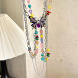 MAYTRENDS  -  Butterfly colorful beads tassel multi-layered choker necklace