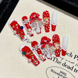 MAYTRENDS  -  10Pcs Red Christmas Coffin Press On Nails Bowknot Santa Claus Pearl Cute Full Cover Ballerina False Nails Wearable Nails Tip Art