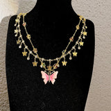 MAYTRENDS  -  Pink butterfly tassel necklace stacked with niche design super fairy clavicle chain