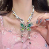 MAYTRENDS  -  Double Wrapped Pearl Green Butterfly Tassel Necklace