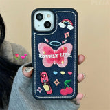 Korean Cute Y2k Butterfly Denim Embroidery Phone Case For iPhone 15 14 13 12 Pro Max 11 Love Heart Cherry Shockproof Soft Cover