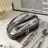 Maytrends BACK TO SCHOOL High Capacity Pencil Case Two Layer Transparent Visable makeup brush bag Simplicity Black Beige Color Stationery Storage Bag