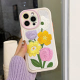 Fashion Embroidery Flower Winter Warm Phone Case For iPhone 15 13 12 11 Pro Max Colorful Soft Shockproof Camera Protection Cover