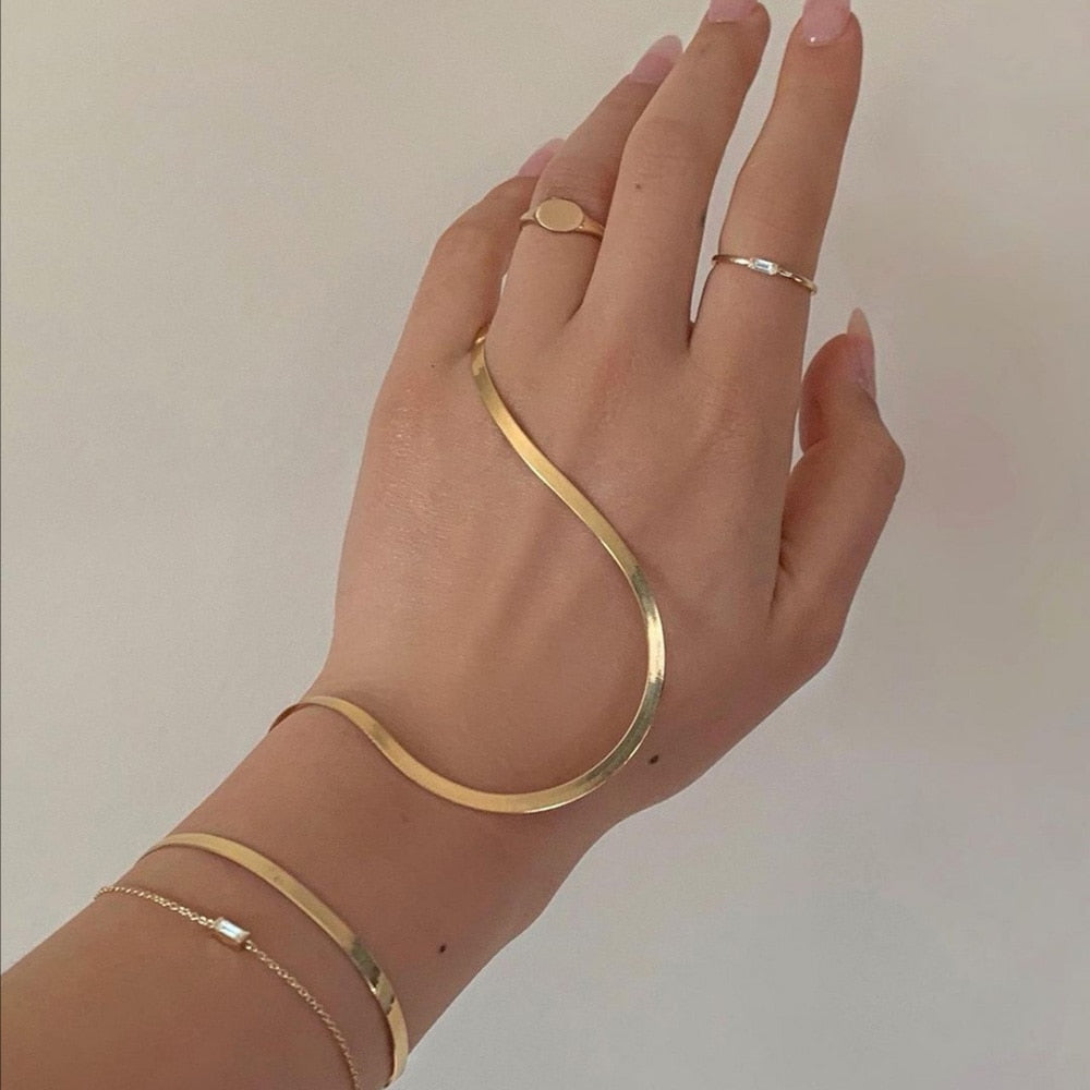 Maytrends Tarnish Free Steel 18k Gold Plated Flat Snake Chain Bracelets Bangles For Women Herringbone Chain Accessories Jewelry Gift