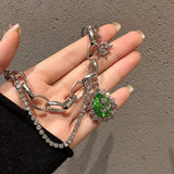 New Vintage Green Cystal Rose Necklace For Women Fashion Pearl MultilayerChain ChokerParty  Jewelry Kolye Gifts