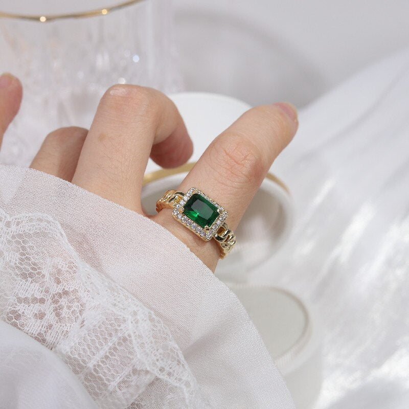 New design fashion jewelry exquisite copper inlaid square emerald zircon ring luxury women's prom party opening adjustable ring