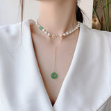 Korea new design fashion jewelry natural fresh water pearl necklace green gem pendant stretch adjustable women's Necklace