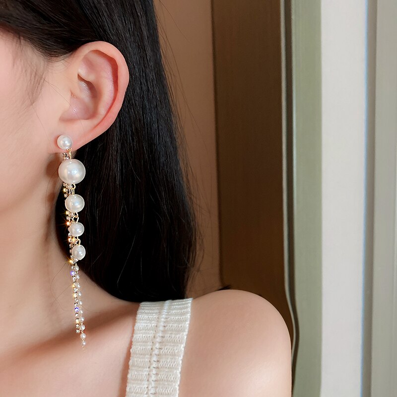 Long Dangle Earrings For Women New  Fashion Kortean Full Crystal Pearl Tassel Drop Earring Vintage Gold Brincos Jewelry
