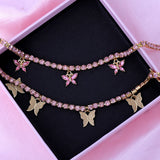 Maytrends 2pcs Pink Rhinestone Tennis Necklace for Women Crystal Butterfly Small Charms Choker Chain Hiphop jewelry jewelry