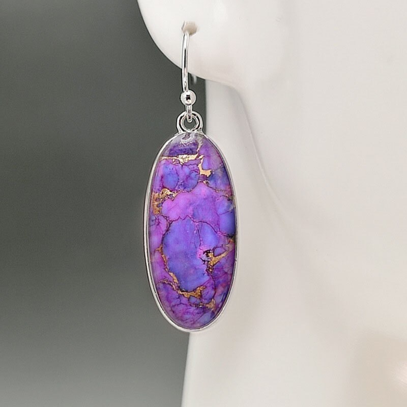 Ethnic Big Oval Purple Stone Drop Earrings Retro Jewelry Painting Crack Pattern Dangle Earrings for Women Pendientes