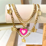 Maytrends Pink Enamel Heart Pendant Necklace For Women Fashion Multi-layer Butterfly Crystal Chain Choker Necklace Jewelry