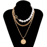 Maytrends Goth Baroque Imitation Pearl Coin Portrait Pendant Necklace Women Vintage Multi Layer Link Chain Necklace Punk Aesthetic Jewelry