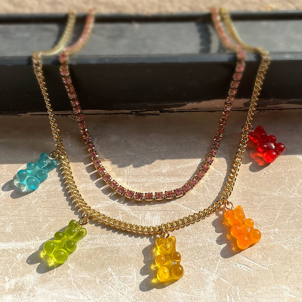 Maytrends Punk Colorful Gummy Bear Pendant Metal Crystal Choker Necklace for Women Multi-layer Cute Bear Tennis Clavicle Chain New Jewelry