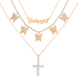 Maytrends Flatfoosie Trendy Butterfly Crystal Chain Necklace Choker for Women Multilayer Babygirl Letter Cross Pendant Necklaces Jewelry
