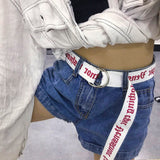 Maytrends Punk Canvas Belt Women Men Harajuku Letter Flame Printing Long Waist Strap D Ring Buckle Black White Female Trouser Jeans Belts