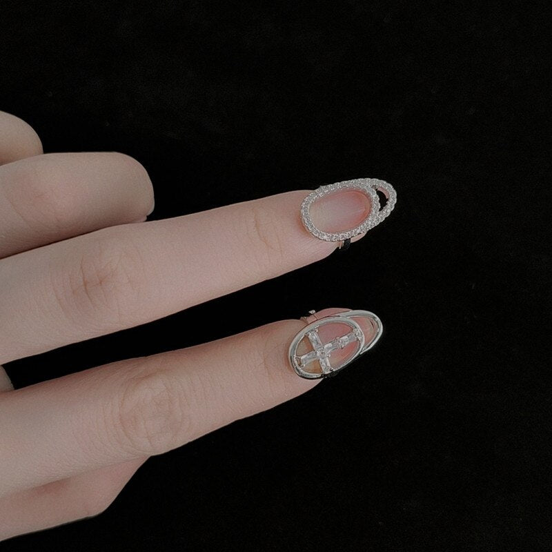 New Korean Trendy Shiny Rhinestone Inlaid Cross Hollow Geometric Fingertip Nail Ring for Women Girl Accessories