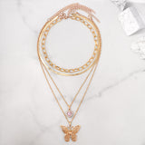 Maytrends Pink Enamel Heart Pendant Necklace For Women Fashion Multi-layer Butterfly Crystal Chain Choker Necklace Jewelry