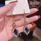 Trendy Korean Long Earrings For Women Blue Crystal Geometry Elegant Female Dangle Drop Earrings Fashion Jewelry Accessories