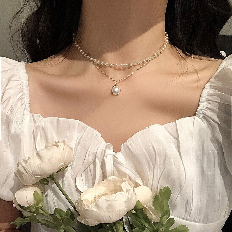 Fashion Chain Pearl Necklace For Women Baroque Pearl Metal Charm Pendants Necklaces Choker Bead Chain Jewelry Gifts