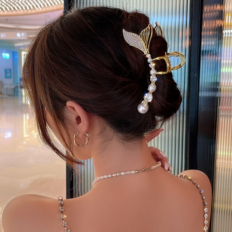 French Temperament Hollow Diamond Pearl Bow Shark Clip Hair Clip For Women Jewelry Hair Accessories For Women Birthday Gifts