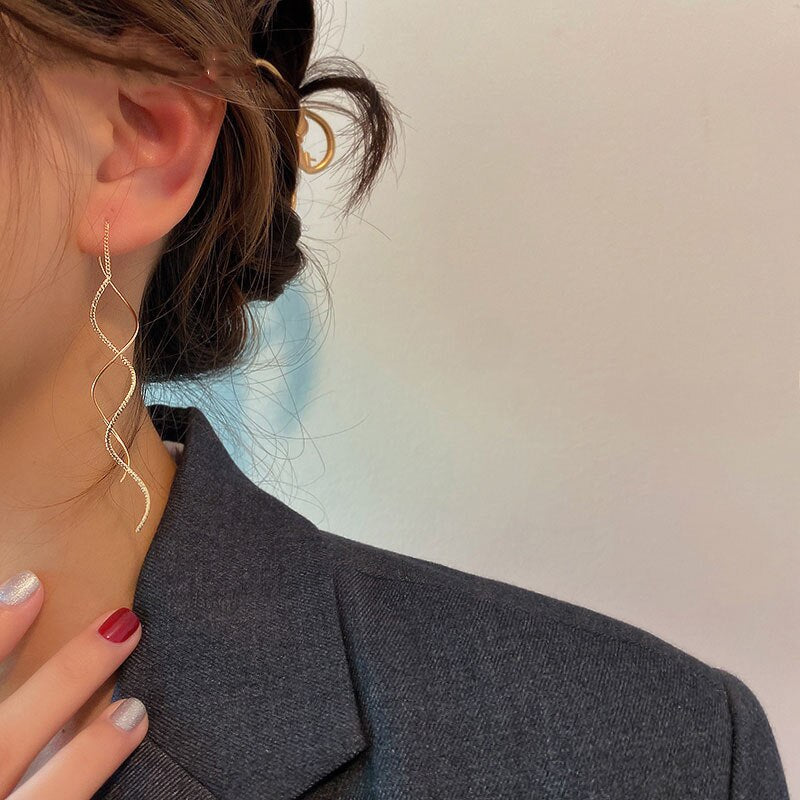 Vintage Gold Color Bar Long Thread Tassel Opal Drop Earrings For Women Glossy Arc Geometric Korean Fashion Jewelry Accessories