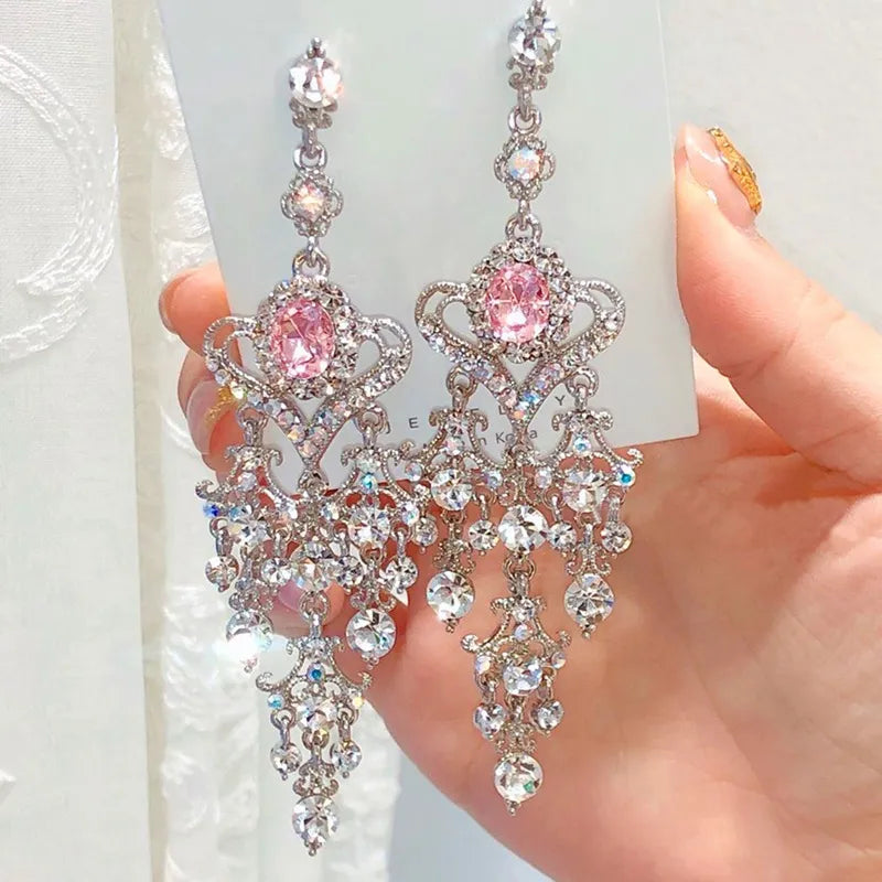 New Vintage Luxury Red Heart Crystal Dangle Earrings For Women Elegant Rhinestone Tassel Party Jewelry