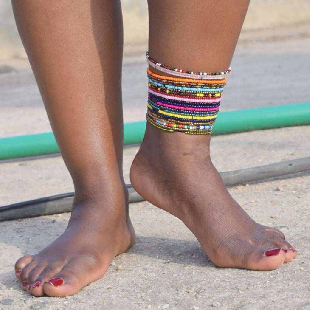 Maytrends 7Pcs/Set Bohemian Multicolor Beaded Chain Anklet Bracelet Set for Female Elastic Ankle Bracelet On The Leg Foot Beach Jewelry