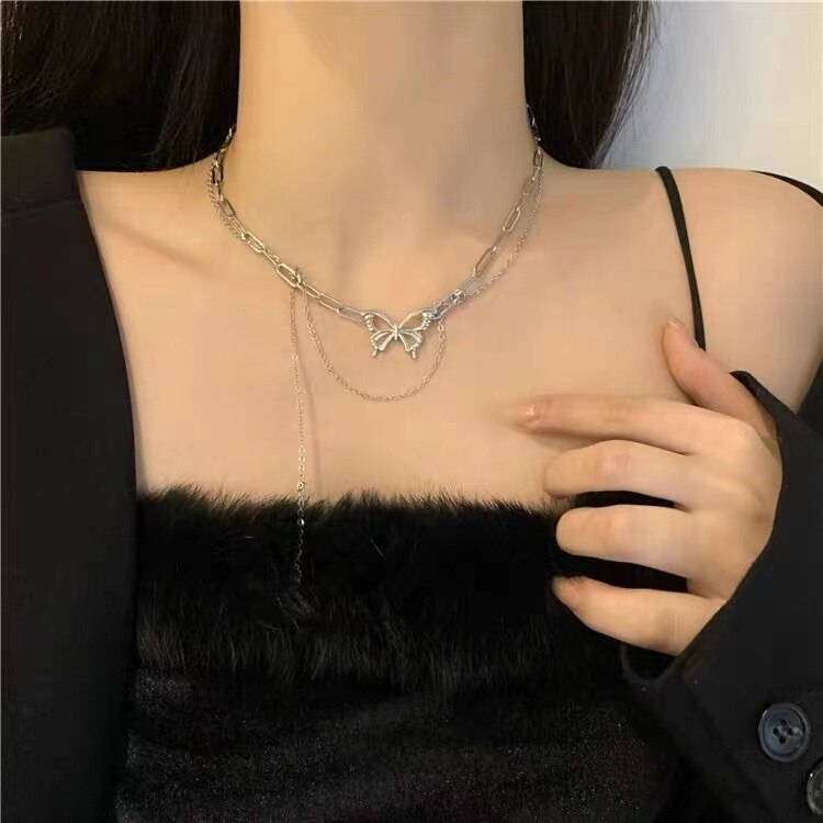 New Fashion Silver Color Chain Pendant Butterfly Necklace For Women Layered Charm Necklaces Jewelry Gift Korean Fashion