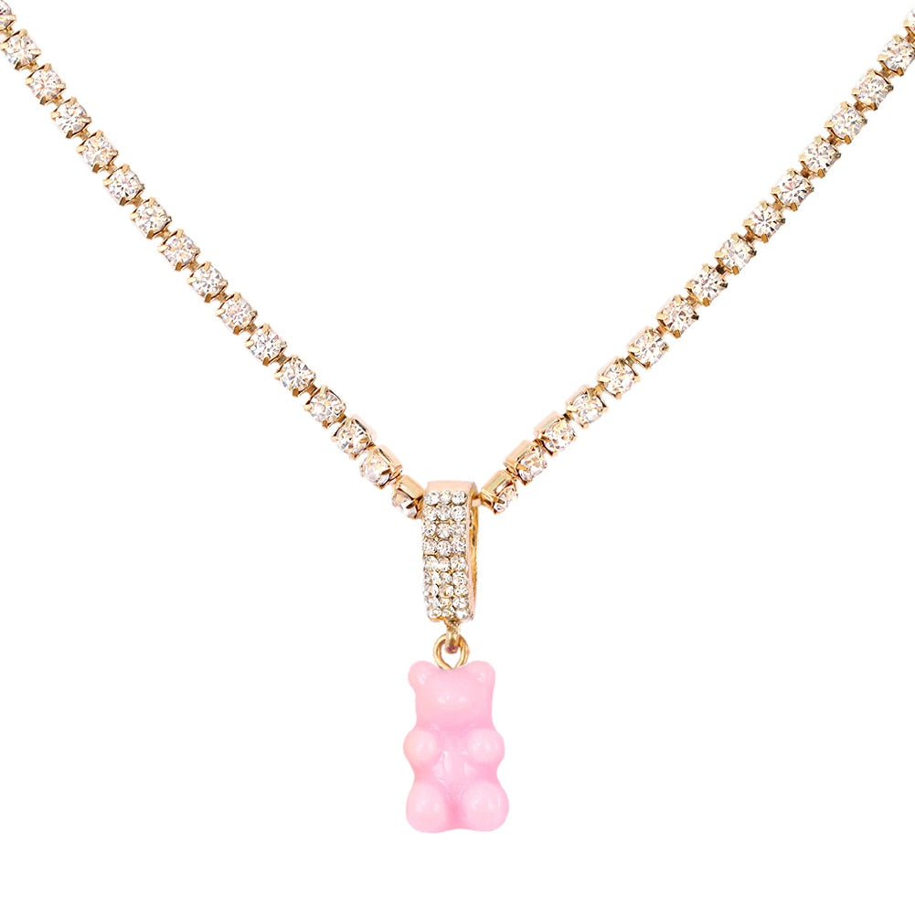 Maytrends Punk Colorful Gummy Bear Pendant Metal Crystal Choker Necklace for Women Multi-layer Cute Bear Tennis Clavicle Chain New Jewelry