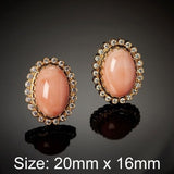 Charm Large Oval Pink Coral Color Stone Stud Earring Ladies Fashion Golden Flower Rhinestone Earrings Banquet Jewelry