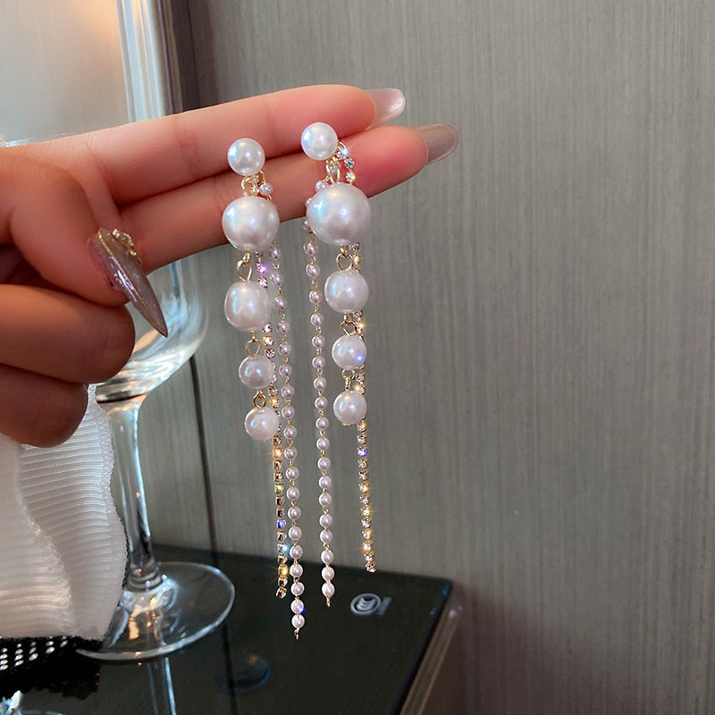 Long Dangle Earrings For Women New  Fashion Kortean Full Crystal Pearl Tassel Drop Earring Vintage Gold Brincos Jewelry