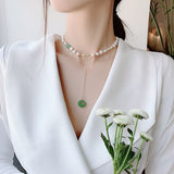 Korea new design fashion jewelry natural fresh water pearl necklace green gem pendant stretch adjustable women's Necklace