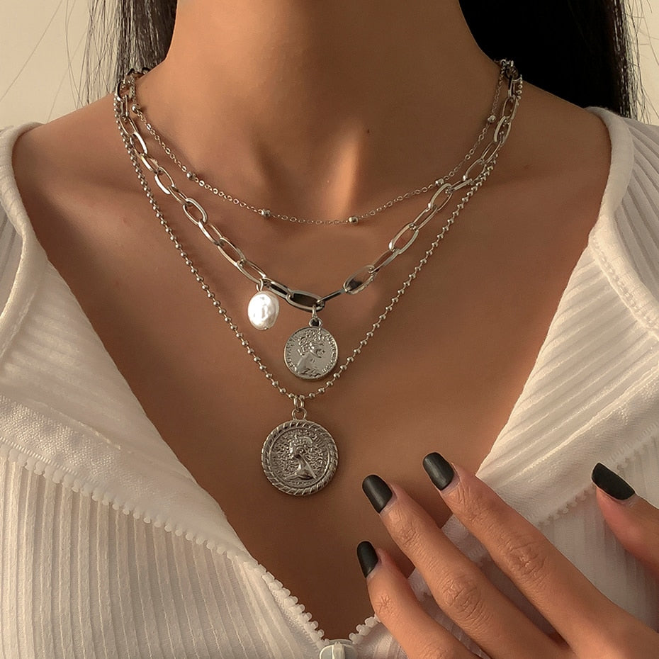 Maytrends Goth Baroque Imitation Pearl Coin Portrait Pendant Necklace Women Vintage Multi Layer Link Chain Necklace Punk Aesthetic Jewelry