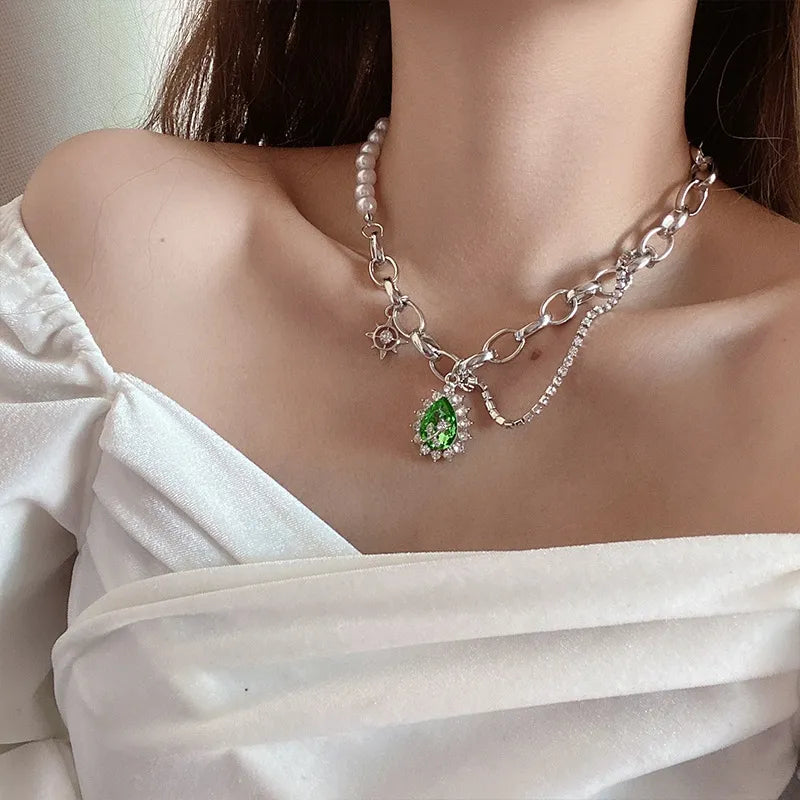 New Vintage Green Cystal Rose Necklace For Women Fashion Pearl MultilayerChain ChokerParty  Jewelry Kolye Gifts
