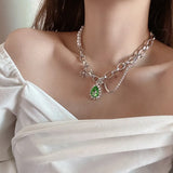 New Vintage Green Cystal Rose Necklace For Women Fashion Pearl MultilayerChain ChokerParty  Jewelry Kolye Gifts