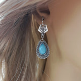 Bohemia Water Drop Blue Opal Moonstone Earrings New Creative Geometric Metal Carved Flower Dangle Earrings Jewelry